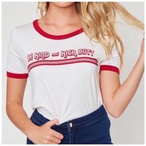 Red “Be Kind & Kick Butt” graphic shirt
